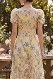 Champagne Tulle A-Line Embroidered V-Neck Floral Midi Dress with Puff Sleeves