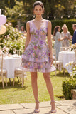Lilac A Line Tulle Embroidered Floral V-Neck Mini Cocktail Dress