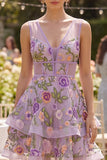 Lilac A Line Tulle Embroidered Floral V-Neck Mini Cocktail Dress