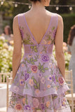 Lilac A Line Tulle Embroidered Floral V-Neck Mini Cocktail Dress