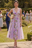 A-Line Lilac Tulle V-Neck Embroidered Midi Floral Dress