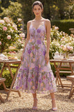 A-Line Lilac Tulle Embroidered Midi Ruched Floral Dress