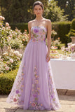 Lilac Strapless Tulle A-Line Embroidered Long Floral Dress