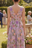 Lilac V-Neck Tulle A-Line Embroidered Floral Midi Dress