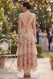 Blush V-Neck Tulle A-Line Tiered Embroidered Long Floral Dress