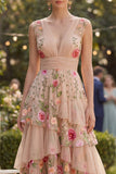 Blush V-Neck Tulle A-Line Tiered Embroidered Long Floral Dress