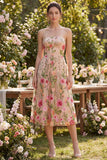 Tulle A-Line Blush Strapless Embroidered Floral Midi Dress