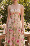 Tulle A-Line Blush Strapless Embroidered Floral Midi Dress