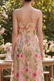 Tulle A-Line Blush Strapless Embroidered Floral Midi Dress