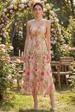 Tulle One Shoulder A-Line Blush Embroidered Floral Midi Dress