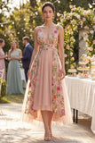 A-Line Tulle V-Neck Blush Embroidered Midi Floral Dress
