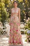 Tulle V-Neck Blush A-Line Embroidered Long Floral Dress