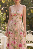 Tulle V-Neck Blush A-Line Embroidered Long Floral Dress