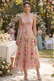 Blush A-Line Embroidered Tulle V-Neck Corset Floral Midi Dress
