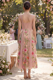 Blush A-Line Embroidered Tulle V-Neck Corset Floral Midi Dress