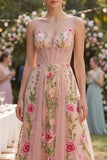 Blush A-Line Embroidered Tulle V-Neck Corset Floral Midi Dress