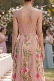 Blush A-Line Embroidered Tulle V-Neck Corset Floral Midi Dress