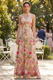 Blush A-Line Embroidered Tulle Halter Neck Long Floral Dress