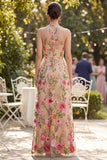 Blush A-Line Embroidered Tulle Halter Neck Long Floral Dress