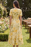 Yellow Ruffled Butter Puff Sleeves A Line Floral Midi Dress with Bow
