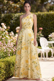 Butter Yellow One Shoulder Ruched Floral A Line Maxi Dress