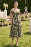 Floral Dark Green A Line Off the Shoulder Midi Dress