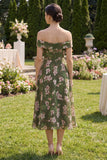 Floral Dark Green A Line Off the Shoulder Midi Dress