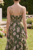 Dark Green Floral V-Neck A Line Ruched Midi Dress with Ruffles