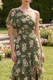 Dark Green Floral A Line Flutter Sleeves Maxi Dress with Ruffles