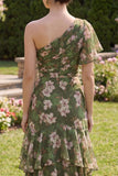 Dark Green Floral A Line Flutter Sleeves Maxi Dress with Ruffles