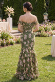 Dark Green Floral Mermaid Maxi Dress with Ruffles