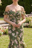Dark Green Floral Mermaid Maxi Dress with Ruffles