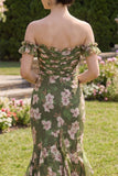Dark Green Floral Mermaid Maxi Dress with Ruffles