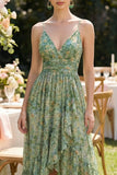 Dusty Green Ruched V-Neck High Low Floral Dress with Ruffles