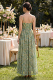 Dusty Green Spaghetti Straps Floral Ruched A Line Maxi Dress