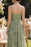 Dusty Green Spaghetti Straps Floral Ruched A Line Maxi Dress