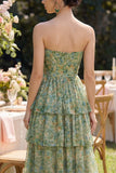 Dusty Green Strapless A Line Corset Maxi Floral Dress with Ruffles