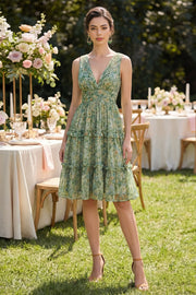 Dusty Green Ruched A Line V-Neck Floral Midi Dress with Ruffles