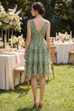 Dusty Green Ruched A Line V-Neck Floral Midi Dress with Ruffles