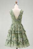 Dusty Green Ruched A Line V-Neck Floral Midi Dress with Ruffles