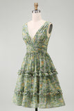 Dusty Green Ruched A Line V-Neck Floral Midi Dress with Ruffles