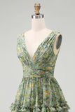 Dusty Green Ruched A Line V-Neck Floral Midi Dress with Ruffles