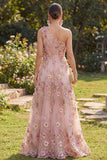 One Shoulder Pink Fuchsia A-Line Tulle Appliqued Ruched Long Floral Dress