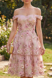 Pink Fuchsia A-Line Tulle Off the Shoulder Appliqued Floral Midi Dress