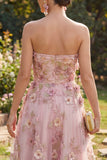 A-Line Tulle Sweetheart Pink Fuchsia Appliqued Floral Midi Dress