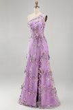 Mermaid Tulle Lilac One Shoulder Appliqued Beaded Ruched Long Floral Dress with Slit