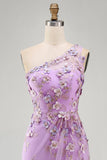 Mermaid Tulle Lilac One Shoulder Appliqued Beaded Ruched Long Floral Dress with Slit