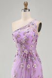Mermaid Tulle Lilac One Shoulder Appliqued Beaded Ruched Long Floral Dress with Slit