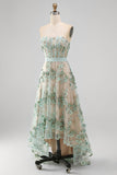 Dusty Sage Corset High Low A-Line Strapless Pearls Long Wedding Guest Dress with Appliques