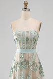 Dusty Sage Corset High Low A-Line Strapless Pearls Long Wedding Guest Dress with Appliques